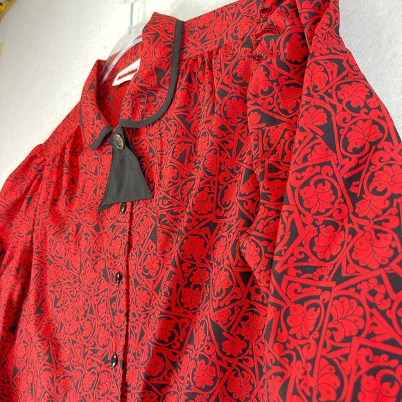 Vintage JUDY BOND Womens 12 Red Black Floral Scroll Button Up Long Sleeve Blouse - Picture 3 of 10